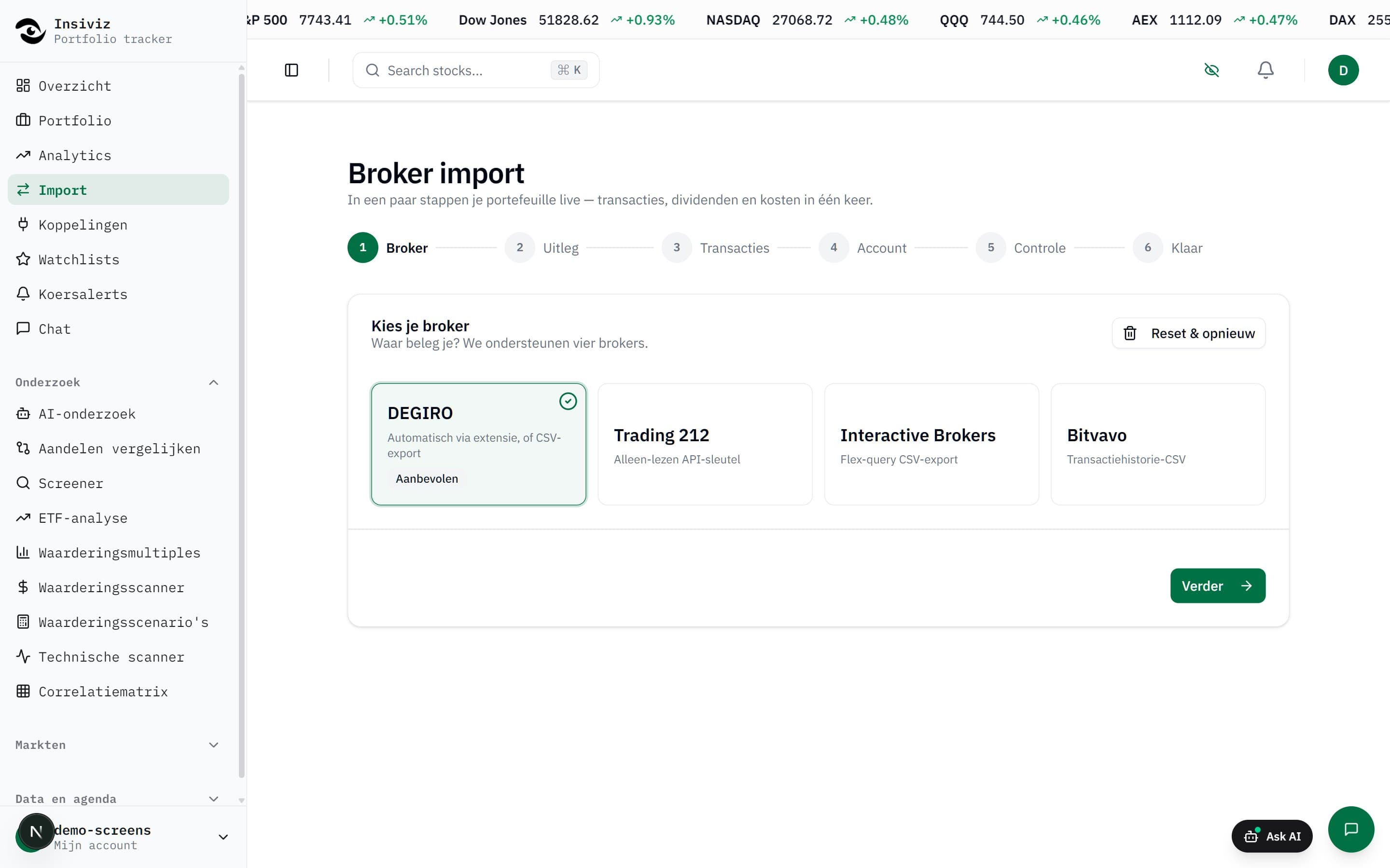 De importpagina van Insiviz met de DEGIRO-koppeling: CSV-upload en de browser-extensie voor automatische synchronisatie