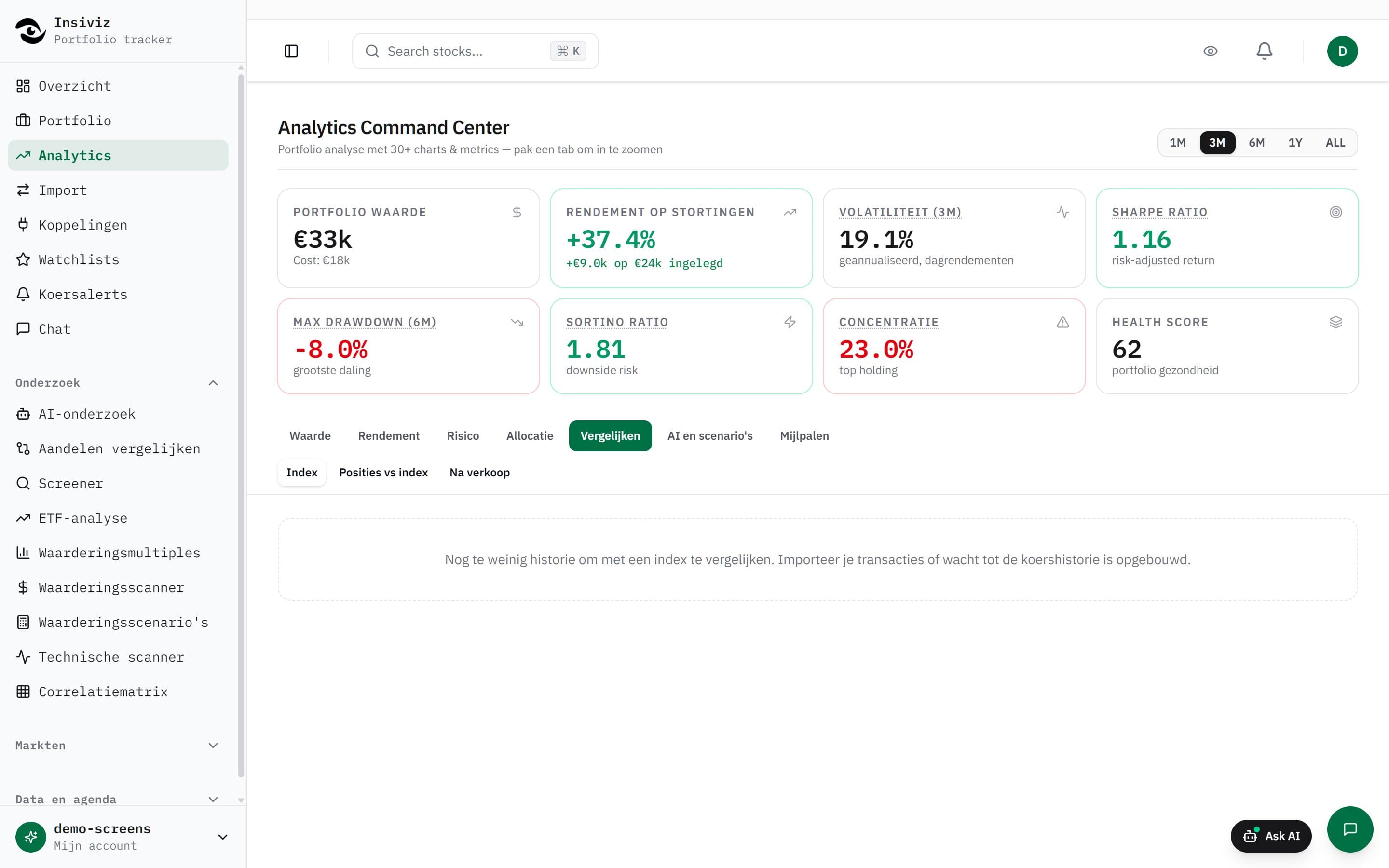Analytics in Insiviz: portfolio value over time next to an index